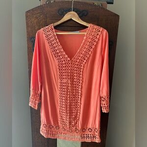 Solitaire Swim Crochet Trim Coral V-Neck Tunic Cover Up Size S